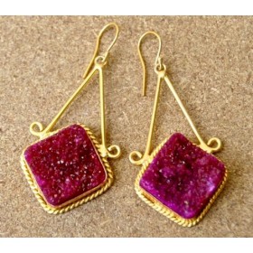 Dark PInk Diamond Shaped Druzy Dangler Earrings